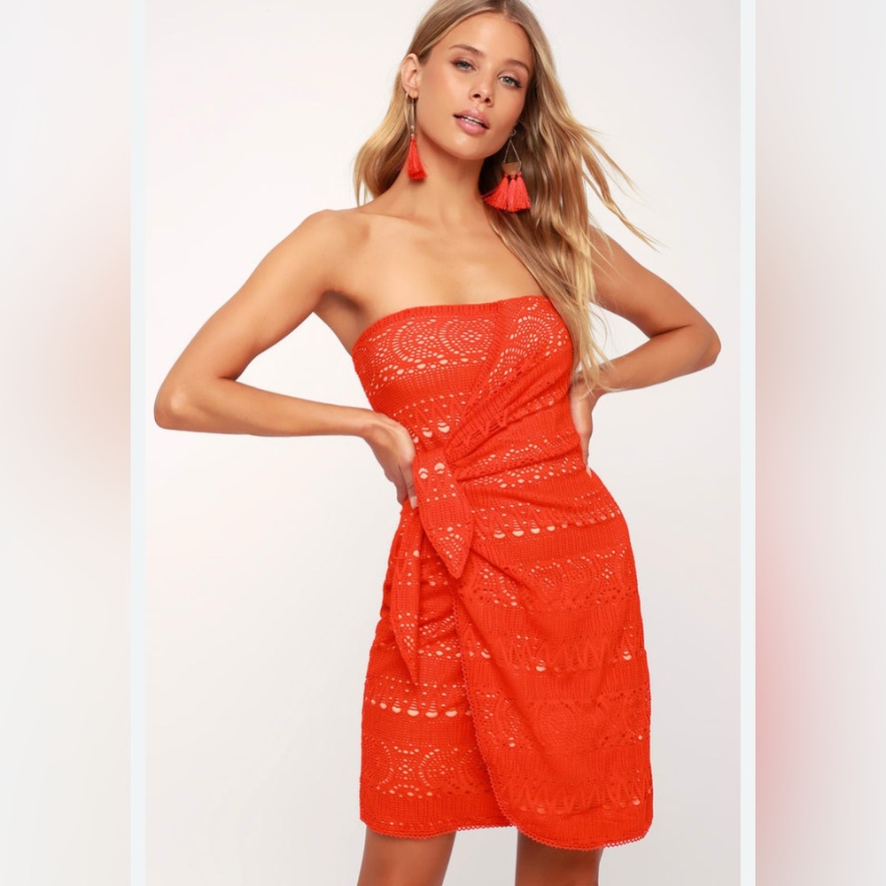Free People Oceanside Red Crochet Strapless Knotted Mini Dress Small
